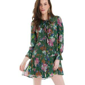 Allison New York Green Floral Shift Baby Doll Long Sleeve Mini Dress Medium